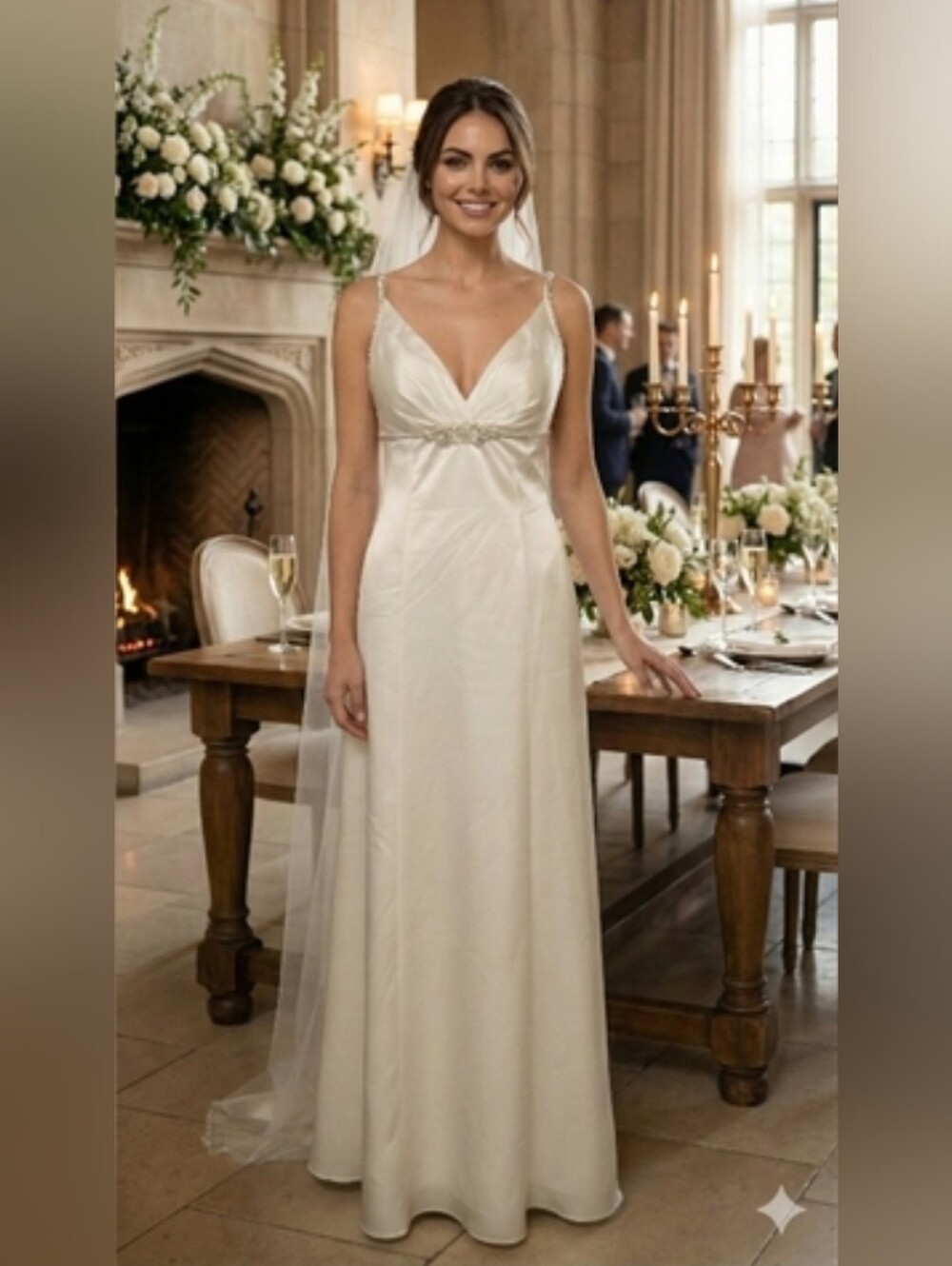 NWT Size 8 Venus Bridal Pallas Athena Ivory Satin Rhinestone Waist & Straps